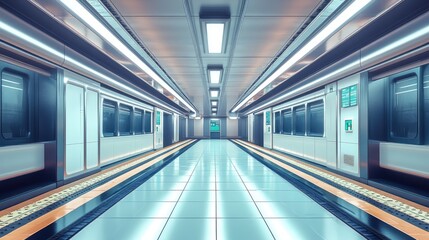 Obraz premium Futuristic subway station interior with sleek design, bright lighting, and empty platforms, evoking a sense of modernity