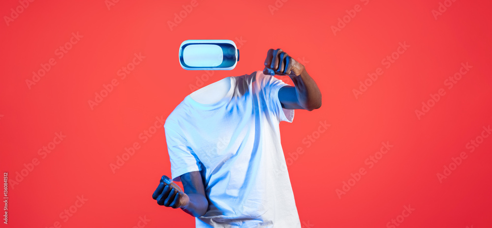 Leinwandbilder Engaged in a virtual reality experience, a user equipped with VR goggles interacts with a digital environment, showcasing the intrigue of modern technology and innovation.