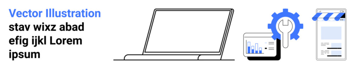 Obraz premium Laptop, tablet with charts, gear with wrench, mobile app wireframe representing analytics, tech tools, device synergy, problem-solving, business workflow, app design innovation simple landing page