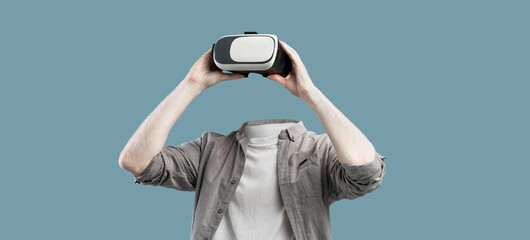 The subject engages in a virtual reality activity, wearing advanced goggles that cover the eyes....