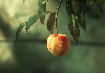 Fresh Peach Hanging on Tree Branch with Green Leaves, Soft Background, Natural Light, Fruit on a Delicate Stem, Summer Vibes, Organic and Juicy Delight