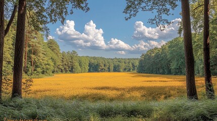 Fototapeta premium Golden Field, Lush Forest, and Blue Sky: A Serene Summer Landscape