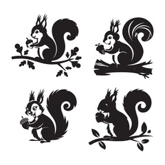 Squirrel Silhouette Eating Nut, Woodland Animal Illustration for Wildlife and Nature Art