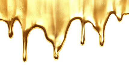 Golden liquid dripping down, seamless background isolated on white. Dripping golden oil or honey, png
