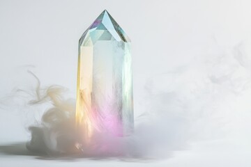 A vibrant, iridescent quartz crystal stands majestically amidst a soft, ethereal fog.