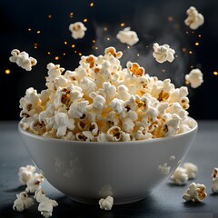 Fresh popcorn leaps from bowl, dark background, movie night snack