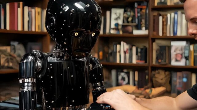 Man interacts with lifelike robot in a cozy library setting focusing on companionship and technology