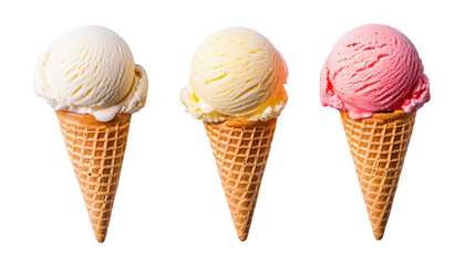 Three ice cream scoops melting in waffle cones on white background
