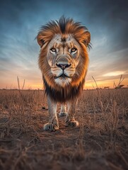 Obraz premium Majestic lion at sunrise. A powerful male lion, with a striking mane, faces forward in a golden sunrise landscape