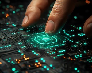 Human finger touches a glowing circuit board component directly