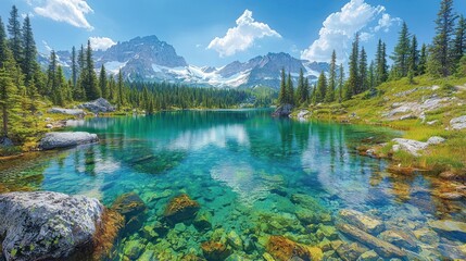 Crystal-clear alpine lake reflecting mountains under a sunny sky.