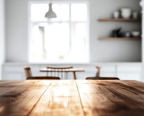 Obraz premium Minimalist white kitchen with wooden table and chairs in sharp center focus under soft natural light