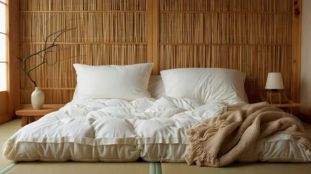 Minimalist Japandi interior design of modern bedroom with futon on tatami floor
