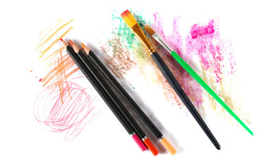school supplies for painting and drawing, brushes, watercolor and wooden crayons isolated on white,...