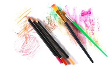 school supplies for painting and drawing, brushes, watercolor and wooden crayons isolated on white, top view, clipping path