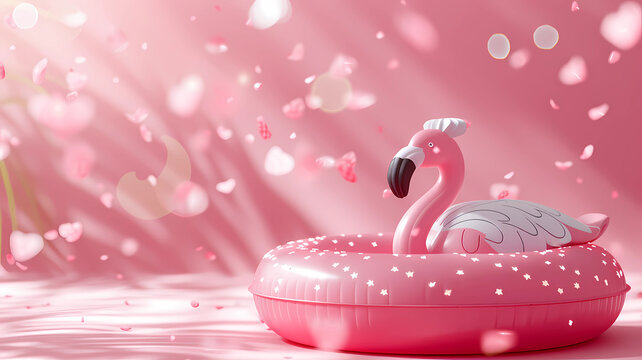 Pink flamingo, pool ring inflatable, against a pink speckled background.