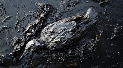 Dying sea bird trapped in spilled petroleum oil in sea water. Human activities impact and threaten animal&rsquo;s natural habitat.