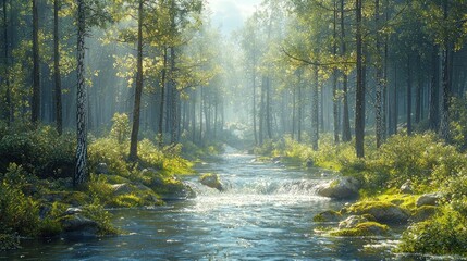 Fototapeta premium Sunlit stream flows through a misty forest.