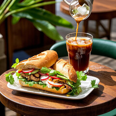 Vietnamese B&aacute;nh M&igrave; Sandwich with Iced Coffee