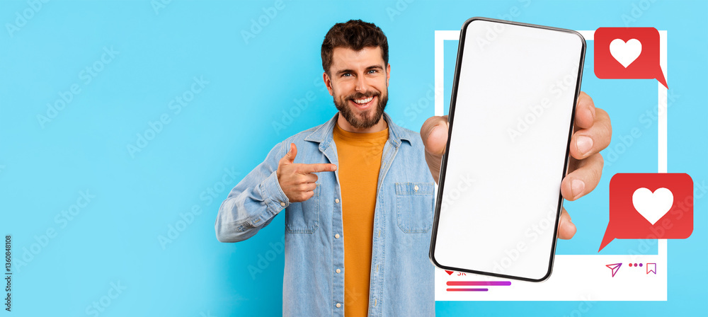 Poster an influencer is holding a smartphone with a blank screen, smiling and pointing at it. the backgroun