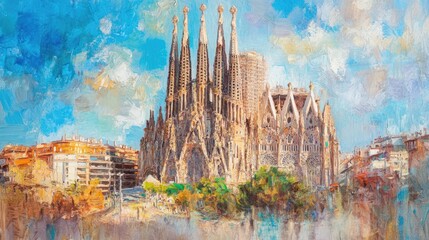 Majestic view of the Sagrada Familia in Barcelona, showcasing intricate architecture against a vibrant sky