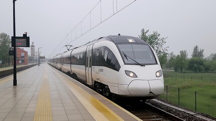 Naklejka premium High-Speed Train Arriving at the Station on a Rainy Day