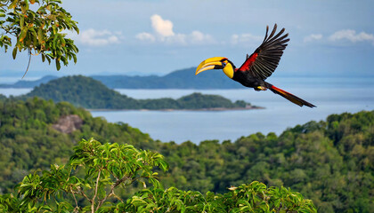 Vibrant hornbills glide gracefully above the dense jungle