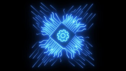  Digital circuit AI interface on black wallpaper Abstract digital line particle data background connecting technology concept. A technology icon often includes symbols like a computer smartphone gear