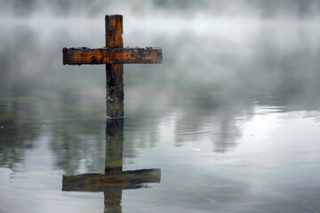 A charred wooden cross rises solemnly from calm, mist-covered water, its reflection mirrored on the glassy surface.