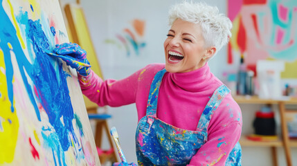 Joyful artistic expression of a woman painting in a colorful studio