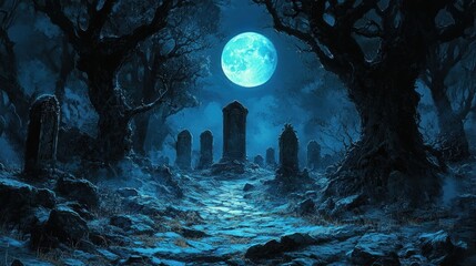 Obraz premium Eerie Moonlight Cemetery: A Mystical Night Scene
