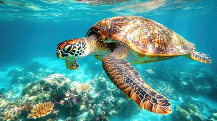 Obraz premium Majestic Sea Turtle Gracefully Gliding Through Vibrant Coral Reef
