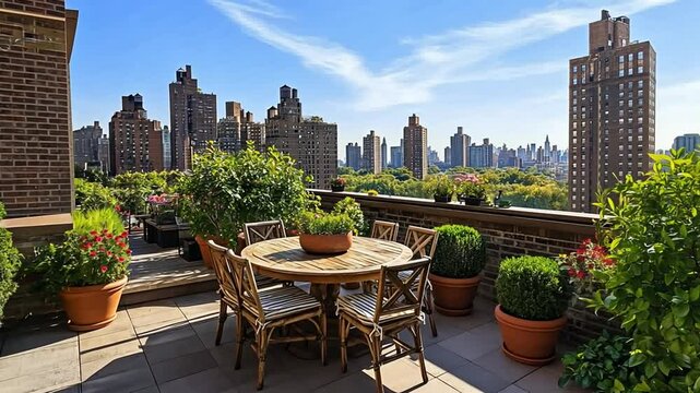 Elegant Manhattan Rooftop Terrace with Skyline View, Stylish Outdoor Living Space