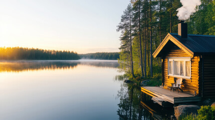 Obraz premium Tranquil finnish lakeside cottage at sunset surrounded by nature
