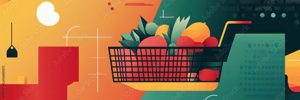 Aufkleber stylish abstract representation of grocery shopping with vibrant colors and modern geometric shapes 