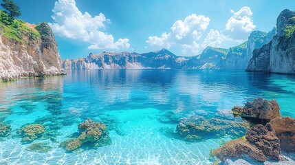 Obraz premium Idyllic turquoise cove with clear water, rocks, and mountains under a sunny sky.