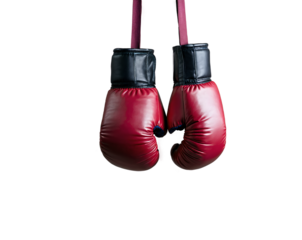 Pair of Burgundy Boxing Gloves Hanging by Their Straps, A Symbol of Strength, Discipline, and the Thrill of the Fight, Perfect for Fitness, Sports, and Determination
