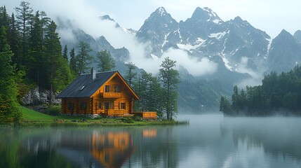 Obraz premium Misty Mountain Lake Cabin
