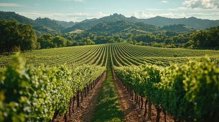 Naklejka premium Lush vineyard rows leading to sunlit mountains.