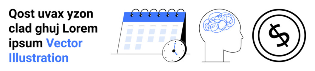 Calendar and clock representing time organization, head with tangled lines symbolizing mental strain, financial coin for money concept. Ideal for productivity, finance, mental health, deadlines