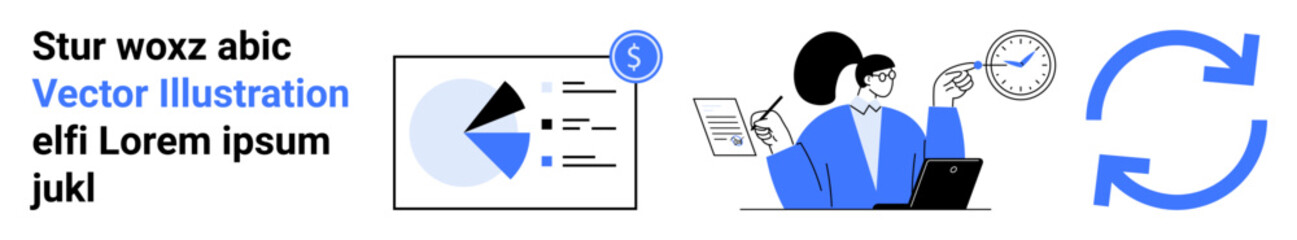 Team discussing analytics with pie charts, clock, and workflows. Ideal for time management, data analysis, teamwork, finance, productivity, planning simple landing page