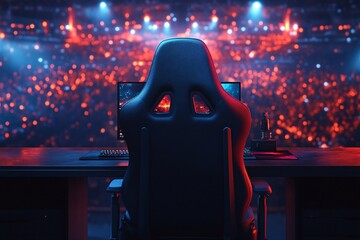 Gamer's Stage Presence: A person immersed in a gaming session, their back turned to the viewer, gazing at the illuminated screen in the stadium, evoking feelings of competition, passion.