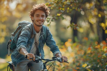 Naklejka premium A young man riding his bicycle along a scenic trail, wearing casual sportswear, with a sense of freedom and happiness in his expression, the 