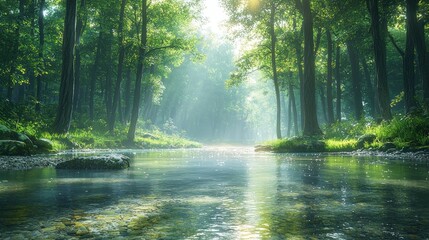 Fototapeta premium Sunlit stream flows through misty green forest.
