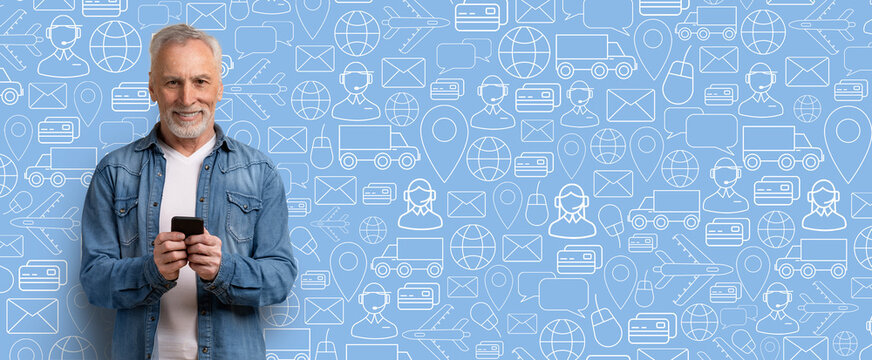 A senior man stands smiling while holding a smartphone in his hands. He is engaged in online shopping, surrounded by various delivery service icons in the background.