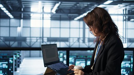 Technician using laptop in data center, finetuning network protocols, holding coffee cup. Woman in...