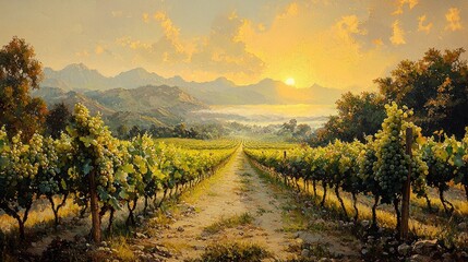 Naklejka premium Serene sunrise over vineyard rows.