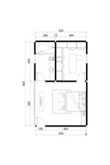 2 dimension furniture layout plan design of bedroom interior, lines black isolated on white background. Set 5