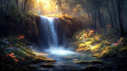Serene waterfall cascading through lush forest, bathed in sunlight; vibrant wildflowers bloom along the tranquil stream.