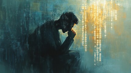 Contemplative developer in abstract digital painting, coding challenges and solutions